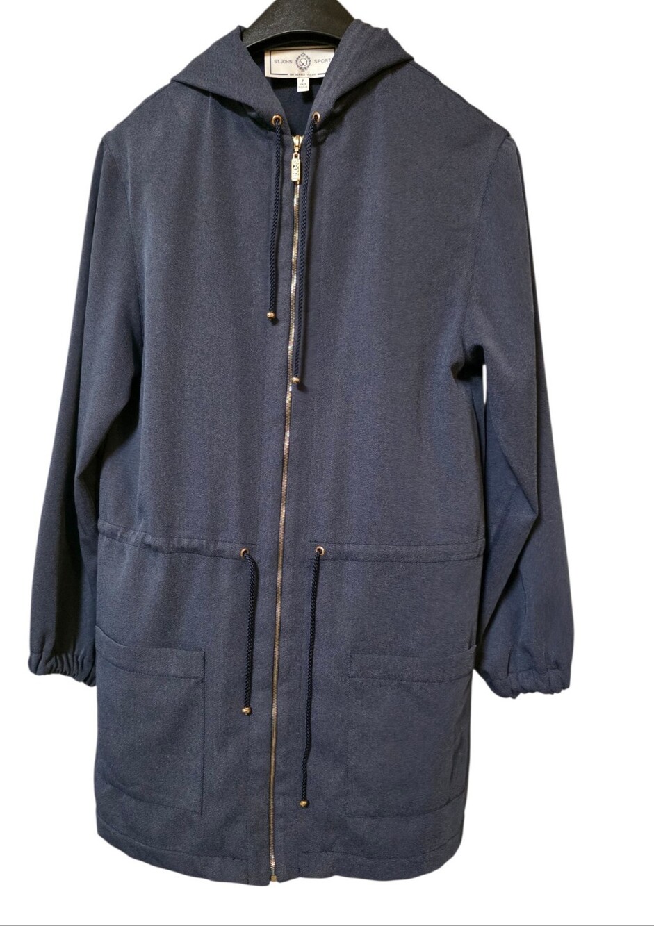 St. John Sport Navy Blue Zipper Closure Cinched Waist Hooded Jacket